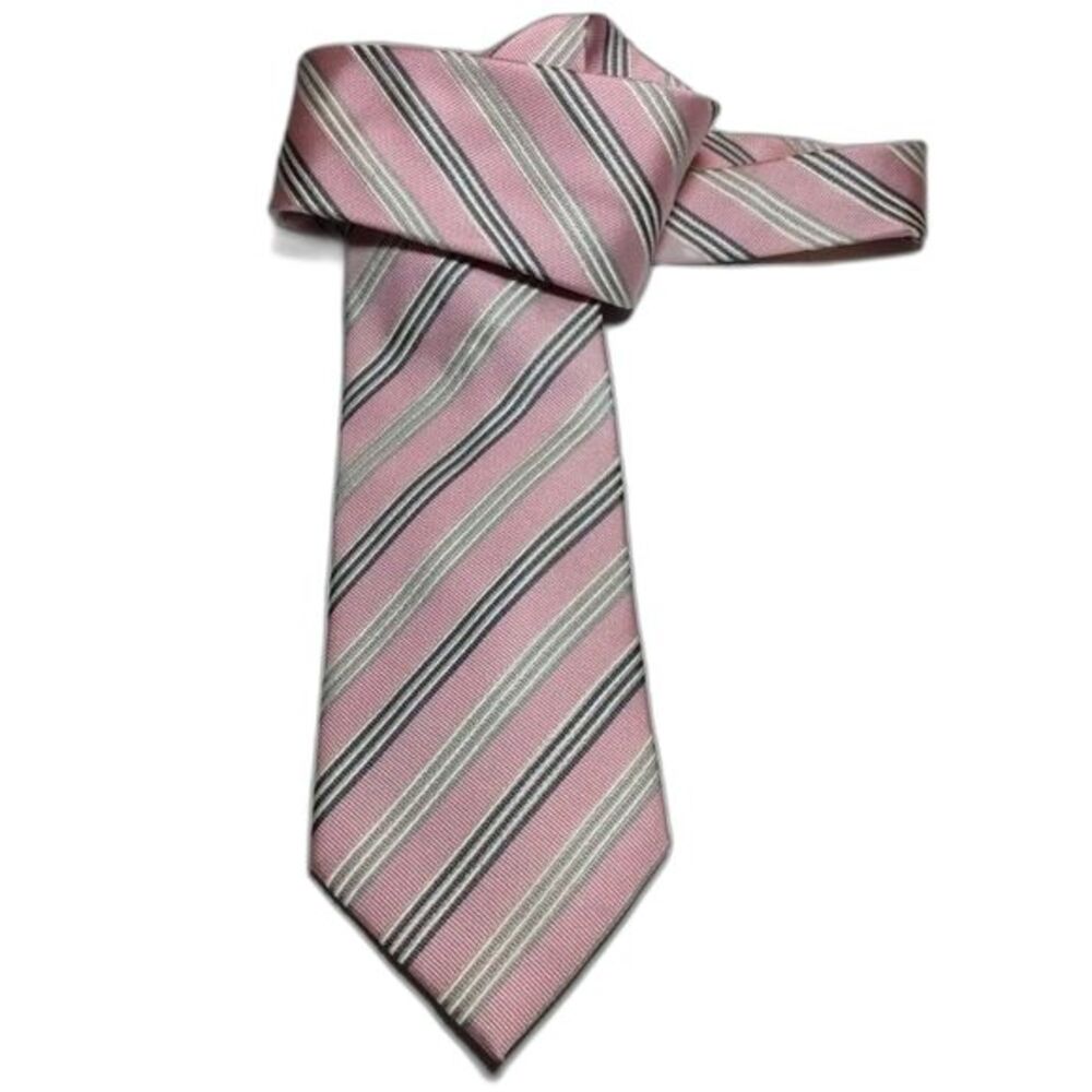 Donald J Trump Signature Collection Pink Gray Navy White Striped 100% Silk Tie